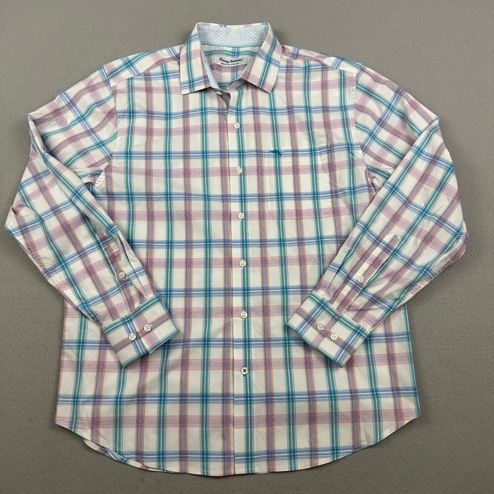Tommy Bahama Shirt Men Medium Blue Plaid Button Up Sarasota Stretch Long Sleeve